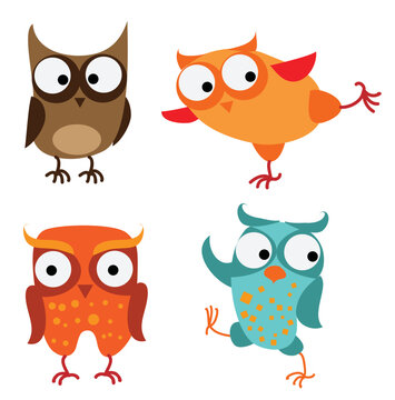 Funny owls collection. Cute hand drawn owl characters. Set of vector illustrations in cartoon style