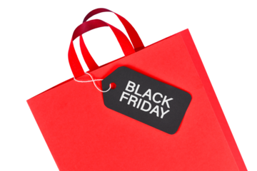 Black Friday sale label on red paper shopping bag on transparent background
