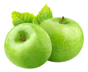 Two green Granny Smith apples and leaf of mint cut out