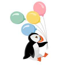 Cute little puffin holds balloons. Drawn in cartoon style. Vector illustration for designs, prints and patterns.