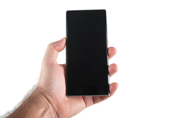 Hand holding cellphone with black screen PNG