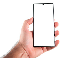 Hand holding cellphone with transparent background PNG