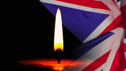 Mourning UK.Death of Queen Elizabeth.Sorrow.Symbol of UK flag,crown and burning candle.Mourning and mourning banner - obrazy, fototapety, plakaty