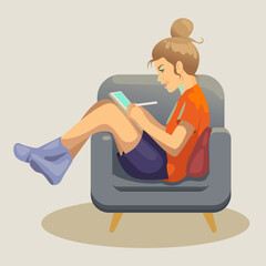 A girl draws on a tablet in a chair