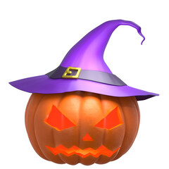 Halloween pumpkin in a purple witch hat with scary smile and glowing eyes isolated on white background. Happy Halloween background with cartoon Jack O Lantern. 3d render with clipping path.