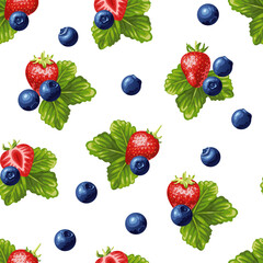 A pattern of juicy strawberries and blueberries