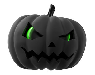 Black evil pumpkin with scary smile and green eyes isolated on white background. Happy Halloween background with cartoon Jack O Lantern. 3d render with clipping path.