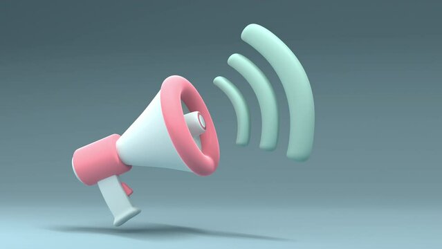 Megaphone or loudspeaker in pastel colors with sound waves moves and makes sounds. Cartoon speakerphone or bullhorn for public speaking, announcement promotion, important messages, news. 3d render