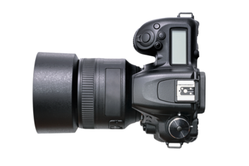 Top view of isolated modern black DSLR camera. PNG file with transparent background.