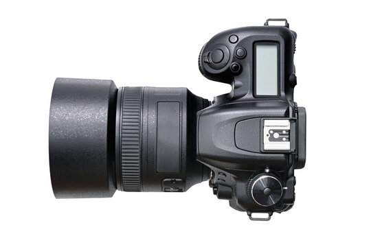 Top view of isolated modern black DSLR camera. PNG file with transparent background.