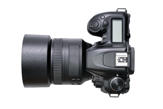 Top view of isolated modern black DSLR camera. PNG file with transparent background.