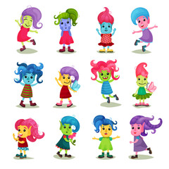 Obraz na płótnie Canvas Cute Girl Troll Character with Different Skin and Hair Color Vector Set
