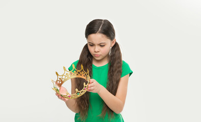Price of the throne. Kid wear golden crown symbol of princess. Girl dreaming become princess. Lady cute little princess. Royal concept. Child development and upbringing. Privilege elite school
