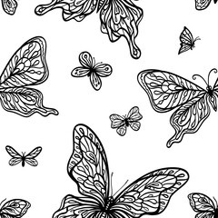 Seamless pattern of monochrome ornamental butterflies on a white background, vector illustration, print for fabric and other surfaces
