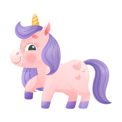 Cute Pink Unicorn with Twisted Horn and Purple Mane Standing Vector Illustration