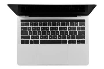 Top view of Isolated modern laptop. Png file with transparent background.