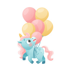 Cute Unicorn with Twisted Horn and Mane Flying with Bunch of Balloons Vector Illustration