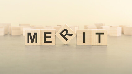 Obraz premium five wooden blocks with the letters MERIT on the surface table