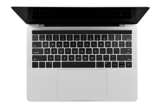 Top view of Isolated modern laptop. Png file with transparent background.
