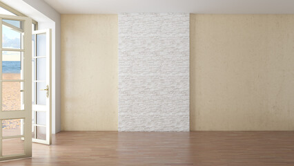 Sunny Hotel Room with Sea View. Interior with Open Doors Overlooking the Beach, Yellow Sand and Clouds. Light Parquet, Beige Stucco Wall with Brickwork in the Center. 3d render, 7680x4320, 300 dpi