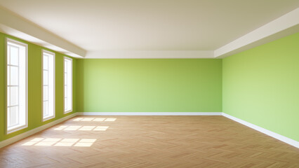 Sunny Room with Light Green Walls, Three Windows, White Ceiling Cornice, Glossy Herringbone Parquet Floor and a White Plinth. 3d render with a Work Path on the Window. Ultra HD 8K, 7680x4320, 300 dpi © SK-Studio