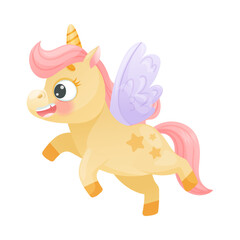 Cute Unicorn with Twisted Horn and Pink Mane Flying with Wings Vector Illustration