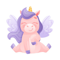 Cute Winged Unicorn with Twisted Horn and Purple Mane Sitting and Smiling Vector Illustration