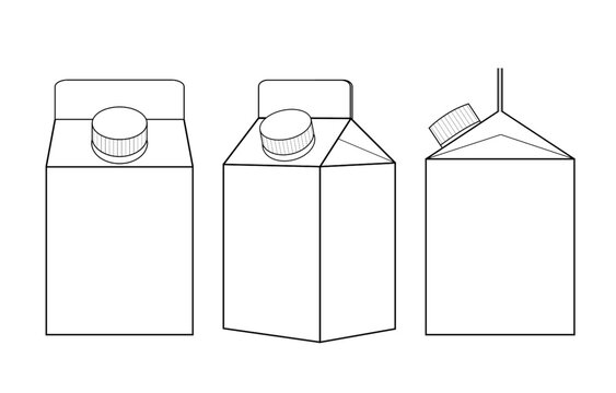 Linear Illustration Of Milk, Juice Box From Different Angles. 