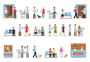 People Character at Veterinarian Clinic Bringing Their Pet for Vet Examination Vector Illustration Set