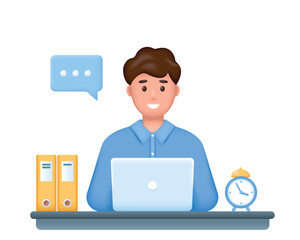 Young man freelancer or businessman with laptop. 3d male character working online. Realistic cartoon vector illustration.