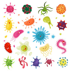 Cartoon Bacteria and Virus Character with Funny Faces Big Vector Set