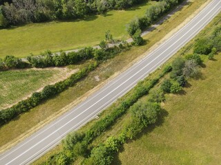 Top view of a country road between meadows and trees in the countryside in summer