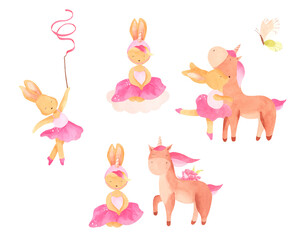 Little Bunny Ballerinas - Watercolor Hand-drawn illustration of bunnies, unicorns, stars, pink, magic for little princess girl