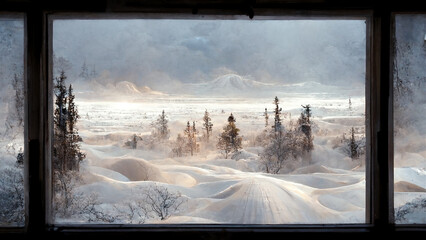 View through window at snow landscape