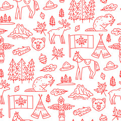 Vector seamless pattern on the theme of Canada. Pattern with colored symbols. Background for use in design, web site, packing, textile, fabric. Canada bright design.