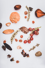 Autumn background with tassel of grapes and dry leaves and flowers