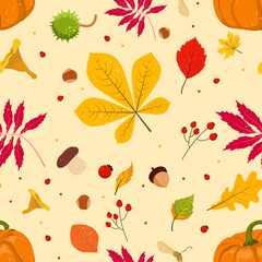 Fototapeta na wymiar Beautiful, vector, colorful, seamless pattern with autumn leaves, pumpkins and mushrooms.