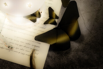 Image of black butterflies next to a lit lantern, looking for the light, on a letter with Latin...