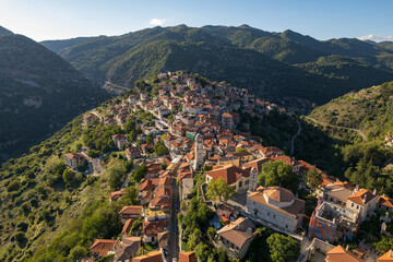 Aerial view of the historical village Dimitsana with the traditional houses and the famous clock...