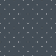 Vector geometric floral ornament. Simple minimalist seamless pattern. Ornamental texture with small flower shapes, crosses. Dark gray abstract background. Stylish minimal repeat decorative design