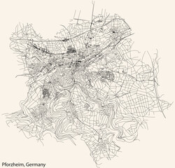 Fototapeta na wymiar Detailed navigation black lines urban street roads map of the German regional capital city of PFORZHEIM, GERMANY on vintage beige background