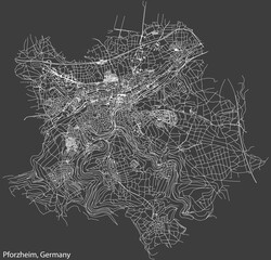 Detailed negative navigation white lines urban street roads map of the German regional capital city of PFORZHEIM, GERMANY on dark gray background