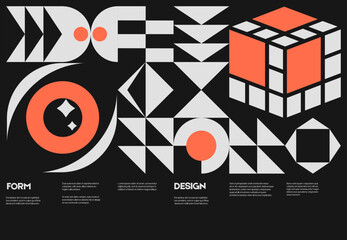 Swiss poster design template layout with clean typography and minimal vector pattern with colorful abstract geometric shapes. Bold form graphic design, useful for album print,website header,web banner