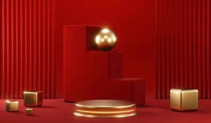 3D rendering of blank product background for cream cosmetics Modern red podium background