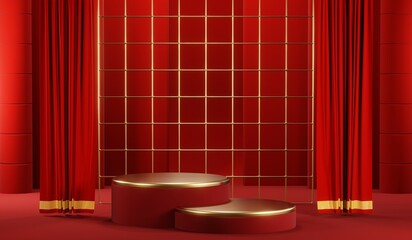 3D rendering of blank product background for cream cosmetics Modern red podium background