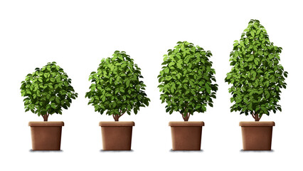 Set of four pots with ficus type plants in different sizes isolated on empty background. Digital illustration