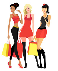 Young female models standing and shopping bags in their hands.