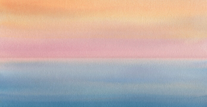 Watercolor background. Abstract drawing of the sunset sky. cloud over the horizon in blue and orange.