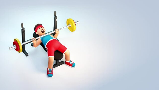 3d man training bench press with barbell. Cartoon 3d looped animation
