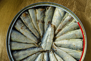 Canned sardines in round metal can with wooden background.